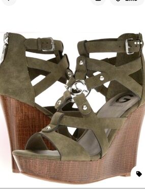 Guess Olive Green LeatherStrappy Wedge Sandals with Wood-Look Platform 7.5 M